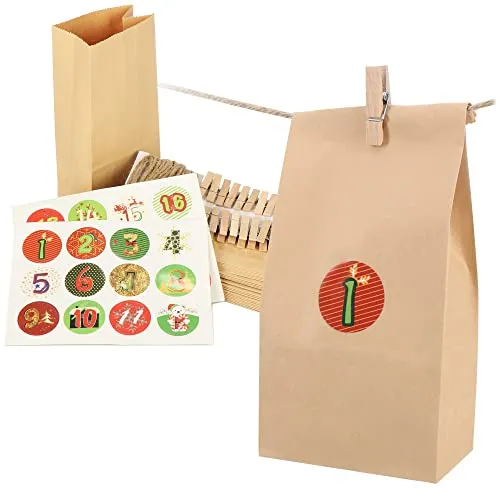 com-four® Adventskalender zum selbst Befüllen - Weihnachtskalender zum Basteln für Kinder - DIY Kalender für Weihnachten (Motivauswahl der Aufkleber variiert!) (Tüten)