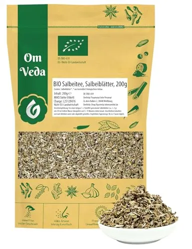 BIO Salbeitee 200g - Salbeiblätter geschnitten und naturbelassen - Ideal für Tee-Zubereitungen - reich an Geschmack und Qualität - Aromatischer Kräutertee - OmVeda