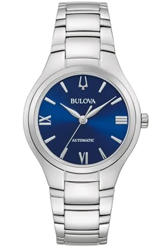 Bulova 96L319 Damenuhr Sutton Automatik 34mm - Silber/Blau - Damenuhr mit elegantem blauen Ziffernblatt, automatischem Uhrwerk und kratzunempfindlichem Mineralglas, wasserdicht bis 3 ATM, ideal für stilbewusste Frauen.