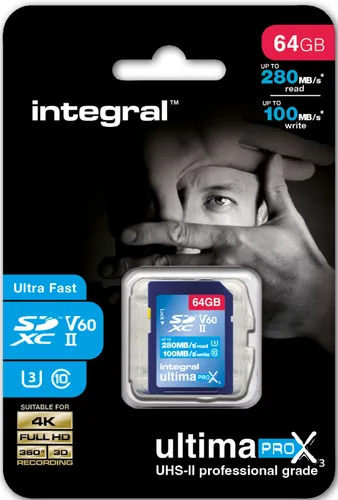 Integral 64GB UHS-II SD-Karte V60 - Speicherkarten für professionelle Fotografen mit bis zu 280MB/s Lese- und 100MB/s Schreibgeschwindigkeit. Ideal für 8K- und 4K60-Videoaufnahmen ohne Frame-Verluste.