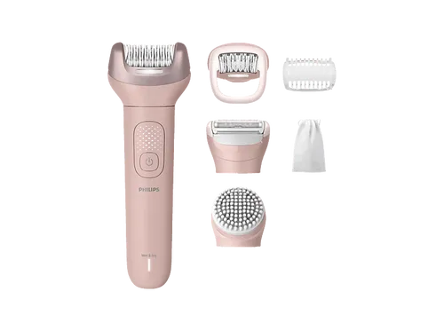 PHILIPS BRE718/00 Epilierer mit 5 Aufsätzen – Rosa - Der PHILIPS BRE718/00 Epilierer bietet 5 vielseitige Aufsätze für eine individuelle Haarentfernung. Akkubetrieb und handliches Design machen ihn ideal für die tägliche Pflege.