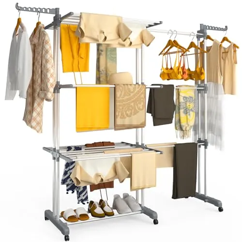 VOUNOT® Wäscheständer Ausziehbar 4 Ebenen, Platzsparender Turmwäscheständer mit Rollen & Faltbaren Flügeln, Standtrockner Wäscheturm Groß, für Innen & Außen, 190x64x170cm Grau-Weiß