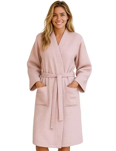 Morgenstern Bademantel Damen Leicht 100% Baumwolle Waffelstoff Waffelpique Waffelmuster Paula Oeko Tex Standard Rosa XL