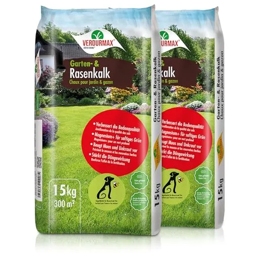 VERDURMAX® Garten- und Rasenkalk 2x 15 kg - Reinigungsmittel für einen saftig grünen Rasen – Optimiert den pH-Wert, beugt Moos und Unkraut vor und sorgt durch Magnesium für intensive Grünfärbung.
