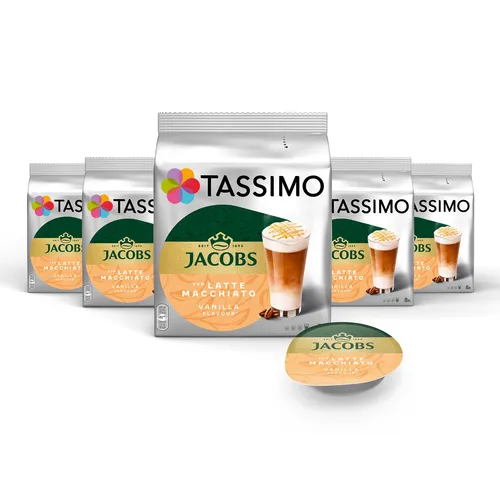 TASSIMO Jacobs Latte Macchiato Vanilla Kapseln - 40 Getränke - Kaffeekapseln für Tassimo mit köstlichem Vanillegeschmack, ideal für cremigen Latte Macchiato. Perfekt für Kaffeeliebhaber, die Genuss und Bequemlichkeit schätzen.