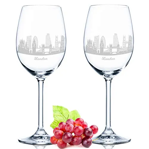 Leonardo Rotweinglas 2er Set - Skyline London mit 360° Gravur - Rotweingläser mit hochwertiger Lasergravur der Skyline von London, ideal als Souvenir oder Geschenk. Spülmaschinengeeignet und aus Qualitätsglas, perfekt für Weinliebhaber.