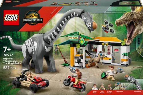 Raptor & Titanosaurus: Große Fährtensuche - Lego Set mit Geländewagen, ideal für Dino-Fans und fördert kreatives Spielen beim Sammeln von DNA-Proben.