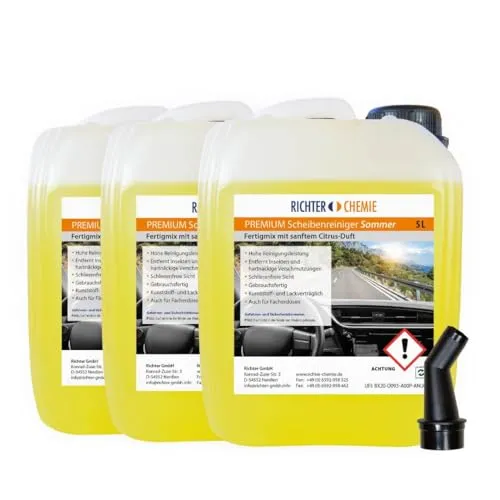 Richter Chemie Scheibenreiniger Sommer Scheibenwischwasser mit Ausgießer für klare Sicht im Auto - Wischwasser Auto - 3 x 5 Liter