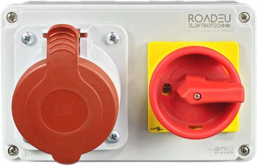 RoadEu Steckdose 16A 5P - Dreiphasige CEE Wandsteckdose mit Hauptschalter - Robuste CEE Wandsteckdose für anspruchsvolle Umgebungen, wasserdicht nach IP44 und mit sicherem Zugangsschutz durch Vorhängeschloss. Ideal für Werkstatt, Garten oder Produktionshalle.
