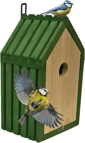 Modo24 Vogelhaus Meisen Nistkasten aus FSC® Holz mit 2,8 cm Einflugloch und mit Heu, Brutkasten mit Reinigungsklappe, Futterhaken für Garten, 26×15×12 cm