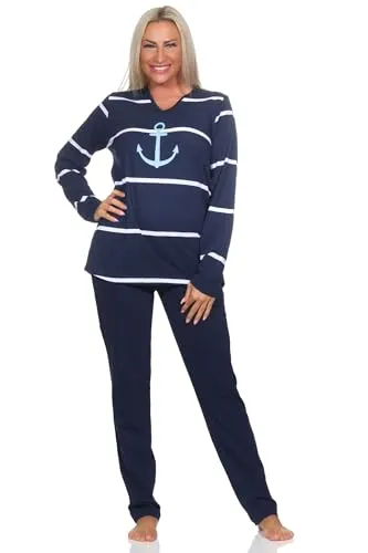 Normann Damen Schlafanzug lang - maritimes Design mit Anker Motiv, Größe: 40-42 - Eleganter Damen Pyjama in maritimer Streifenoptik, ideal als Homewear. Hergestellt mit geprüfter Qualität nach Ökotex Standard 100, schadstofffrei und pflegeleicht bis 60 Grad. Auch in Übergrößen erhältlich!