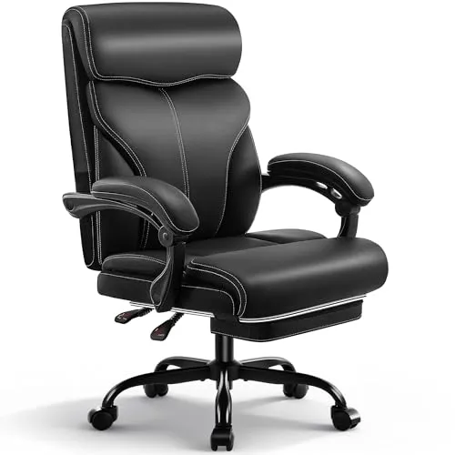 Coscendo Ergonomischer Chefsessel mit Fußstütze bis 180 kg, Schwarz | Kunstlederbezug, verstellbare Armlehnen, hohe Rückenlehne, Liegefunktion, ideal für Büro & Homeoffice