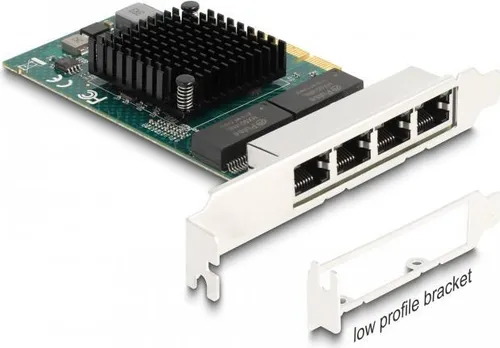 DELOCK 88208 - PCIe Netzwerkkarte mit 4x Gigabit Ethernet RJ45 - Netzwerkkarte mit 4x RJ45-Anschlüssen, unterstützt Geschwindigkeiten bis zu 1000 MBit/s und bietet energieeffiziente Übertragung für leistungsstarke Netzwerke.