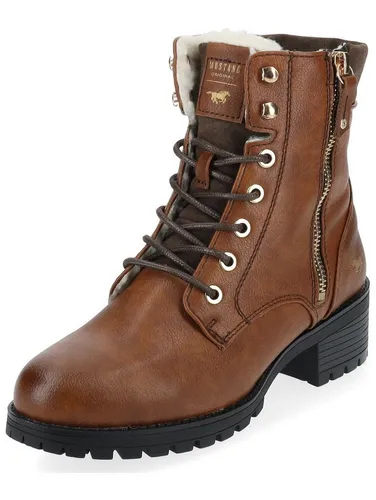 Mustang Damen Elegante Stiefelette 1435603 Braun - Wanderschuhe mit warmem Teddyfleece-Futter und praktischem Reißverschluss. Ideal für kalte Tage, bietet diese modische Stiefelette Komfort und Stil.