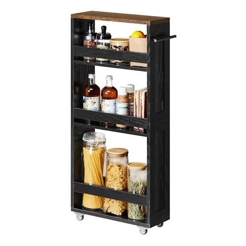 VASAGLE Rollwagen, Nischenregal mit Rollen, 40 x 15 x 86,5 cm, Schwarz und Gelbbraun