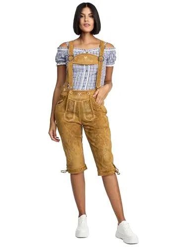 Steigenhöfer Damen Lederhose Clara - Traditionelle Tracht Shorts aus 100% Rindsleder - Elegante Trachten Lederhose für Damen in hellbraun, gefertigt aus robustem Rindsleder. Mit verstellbaren Trägern und praktischen Taschen ideal für Feste und Alltag.