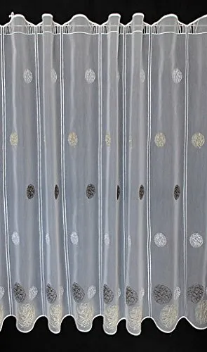 Scheibengardinen Höhe Variabel Scheibengardine bestickte Kugeln 100 cm hoch weiß mit Creme/braun - Wunschbreite frei wählbar durch gekaufte Menge in 15,5 cm Schritten - Meterware