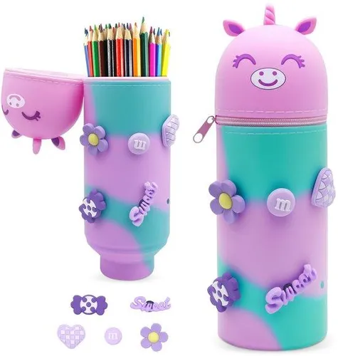 Silikonetui 2-in-1, staand, einstückiges Etui mit Rits, Cartoon-Design, Einhorn-Design, für Mädchen, blau