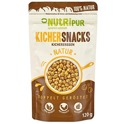 Kichererbsen Snack: 120g leckere Kichersnacks aus doppelt gerösteten Kichererbsen – Nussige Snacks geröstet – Kicher Erbsen Snack vegan, glutenfrei – Natürliche Knabbereien geroestet – NutriPur
