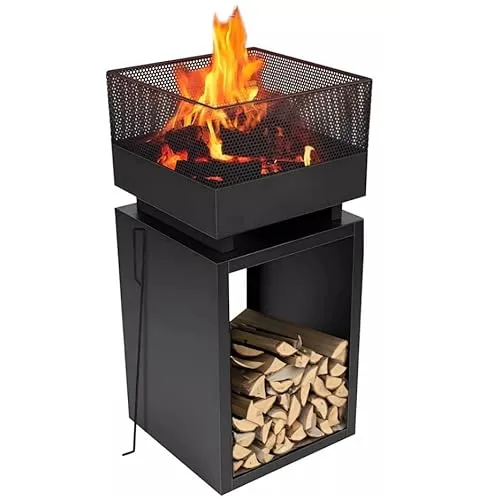 Muntel Feuerkorb mit Funkenschutz, Feuertonne, Holzofen,feuerschalen, Deko Terrasse, Außenofen, Gartenkamin, Aufbewahrung, Firepit, Stahl, 39 x 39 x 85 cm