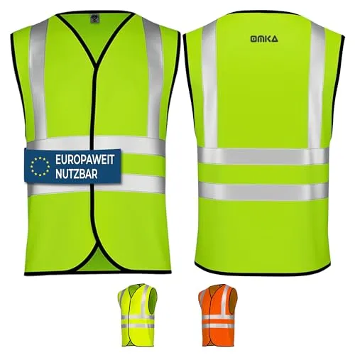 OMKA Warnweste Set – Sicherheitswesten Neonfarben mit 360° Reflexstreifen – Auto Pannenweste für Kinder & Erwachsene mit Klettverschluss (1, Neon Grün, XXL)