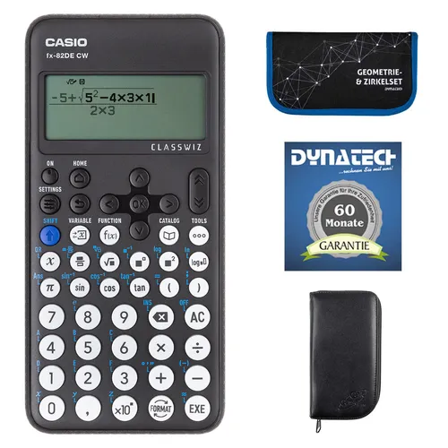 Casio FX-82 DE CW mit schwarzer Tasche, Zirkelset blau + Garantieverlängerung