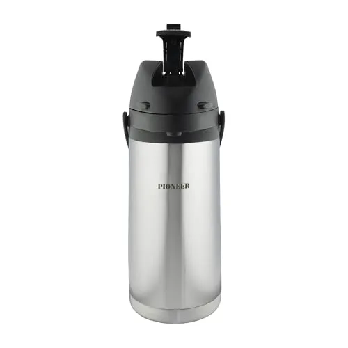 Pioneer 1,9 l Edelstahl-Hebel-Thermoskanne, auslaufsichere Flasche für heiße und kalte Getränke, einfacher Pump-Getränkespender für Veranstaltungen mit Kaffee-Etikett