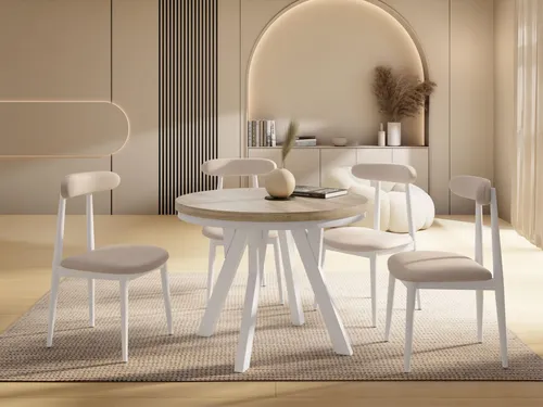 Vero Neo Runder Ausziehbarer Esstisch – Flexibler Tisch mit Weißen Holzbeinen & Metallring - VIELSEITIG & PLATZSPAREND – Der elegante runde Esstisch Vero Neo lässt sich flexibel auf bis zu 300 cm ausziehen und bietet Platz für bis zu 14 Personen – ideal für gesellige Anlässe oder den täglichen Gebrauch.