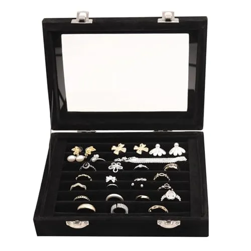 Samt Schmuckkasten Schmuck Organizer, Ring Aufbewahrungsbox Jewelry Organizer Schmuckschatulle mit 7 Fächern und Deckel für Ringe,Ohrringe,Halskette und Manschettenknöpfe-Schwarz