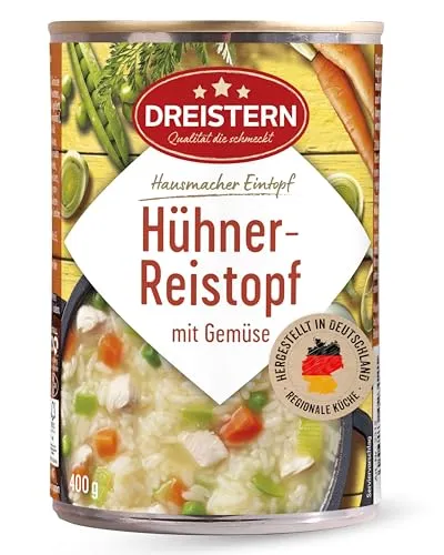 DREISTERN Hühner-Reistopf 400g I Mit Hühnerfleisch & Gemüse I Herzhafter Eintopf in recyclebarer Konservendose I Lange Haltbarkeit dank natürlicher Konservierung I Hausmacher Qualität