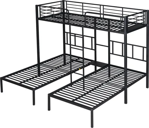 Etagenbett mit 3 Schlafgelegenheiten und Nachttisch 90x200 cm - Betten mit 3 Liegeflächen, Metallbett mit hoher Stabilität und umlaufendem Rausfallschutz - ideal für Kinderzimmer und platzsparend.