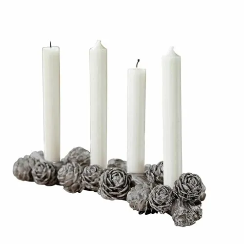 Loberon Kerzenhalter Arasta, zeitlos schönes Vintage-Design, handbemalt, mit Tannenzapfen geschmückt, für Stabkerzen, Adventskranz, Weihnachten, Weihnachtsdeko, Polyresin, Silber