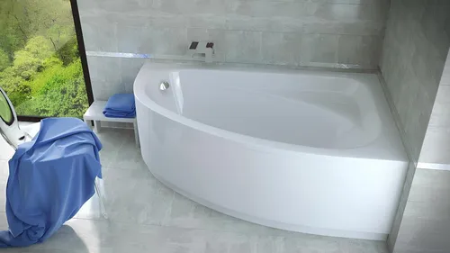 Moderne Eckbadewanne aus Acryl in Weiß - Stilvolle L-förmige Eckbadewanne aus hochwertigem Acryl, ideal für entspannende Momente. Mit großzügigen Maßen von 150 x 100 x 58.5 cm bietet sie Komfort und elegantes Design für Ihr Badezimmer.