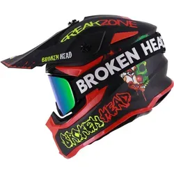 Broken Head Crosshelm FreakZone Schwarz-Rot-Grün + MX-Brille Struggler Grün - Auffälliger Crosshelm mit einzigartigem Design und passender Brille. Die magnetischen Gläser der MX-Struggler sorgen für schnellen Wechsel und klare Sicht – ideal für Abenteuer auf zwei Rädern!