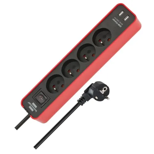 Brennenstuhl ECOLOR Steckdosenleiste, Rot, 4 Steckdosen + 2 USB-Anschlüsse, mit 1,5 m Kabel