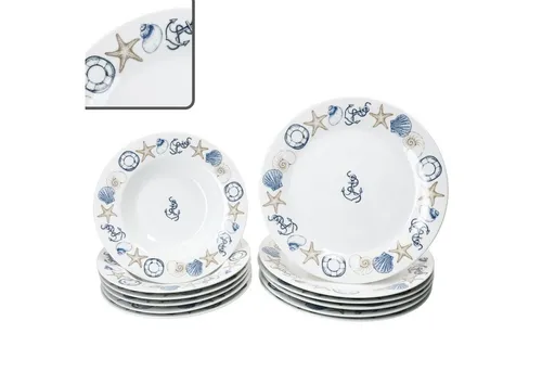 MamboCat Neptun 12tlg Tafelservice - Maritimes Porzellan-Geschirr für 6 Personen | Robust und langlebig, ideal für den Alltag und besondere Anlässe | Mit hübschen Motiven wie Anker und Muschel, spülmaschinen- und mikrowellengeeignet.