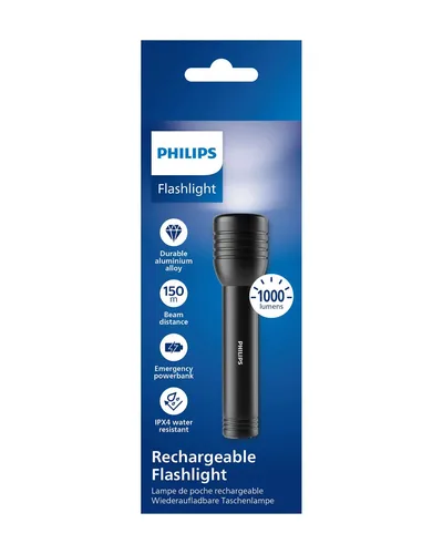 Philips Alu Rechargeable Flashlight 1000 LM - Taschenlampe mit 1000 Lumen, wiederaufladbar und aus hochwertigem Aluminium für maximale Langlebigkeit und Helligkeit.