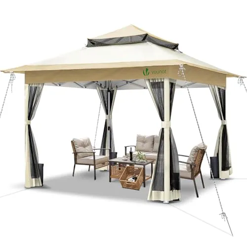 VOUNOT® Pavillon Faltbar 3.6x3.6m - UV Schutz 50+ & Wasserdicht - Robuster Faltpavillon mit Ein-Knopf Pop-Up Installation, ideal für Gartenpartys. Schützt zuverlässig vor Sonne und Insekten, bietet viel Platz und Stabilität.