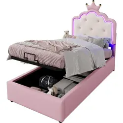 Prinzessinbett mit Stauraum und LED-Beleuchtung, 90x200 cm, Mädchenbett, Polsterbett für Mädchen, Einzelbett, Kunstleder - Rosa