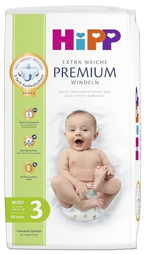 HiPP Extra Weiche Premium Windeln Größe 3 (Midi, 6-10 kg), 108 Stück (2 Packungen mit 54), mit 3-fach Auslaufschutz und Duo Hautschutz