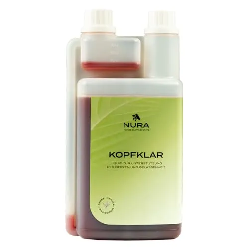 NURA HORSE SUPPLEMENTS Kopfklar - Nerven Liquid für Pferde - Ergänzungsfuttermittel zur Beruhigung & Konzentration - Mit Magnesium, Tryptophan & Kräutern - 1L - Made in Germany
