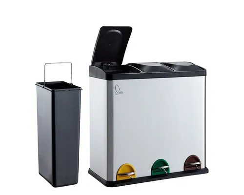 SVITA TC3X20 Edelstahl Treteimer 60L - Haushaltszubehör: XXL Mülleimer mit 3 Fächern für umweltgerechte Mülltrennung, inklusive Inneneimer und rutschfestem Pedal – ideal für Küche und Büro.