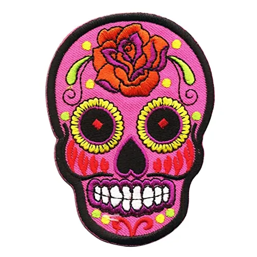Freak Scene Aufnäher - Totenkopf Mexico mit Rose - rosa-orange - Patch