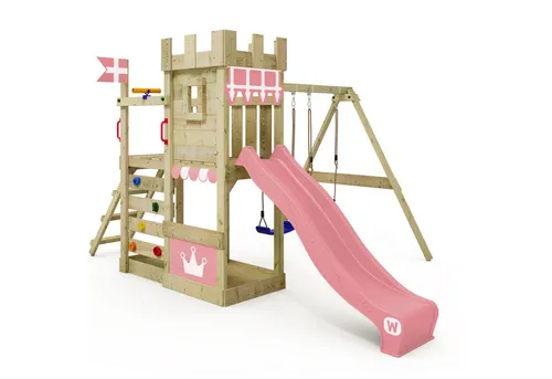 Wickey Spielturm RoyalFlyer – Spielhaus mit Rutsche und Schaukel in Rosa - Der Wickey Spielturm RoyalFlyer bietet ein Abenteuer für den Garten: Mit Wellenrutsche, Schaukel und integriertem Sandkasten ist er ideal für Kinder ab 3 Jahren. Robuste, wetterfeste Konstruktion garantiert langanhaltenden Spielspaß.