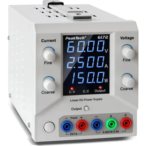 PEAKTECH 6172 Labornetzgerät 0-60V, 0-2,5A, linear - Leistungsstarkes Labornetzgerät für präzise Energieversorgung in Elektronik-Projekten. Mit linearer Regelung und USB-Schnittstelle für optimale Kontrolle und Flexibilität.