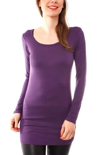 Easy Young Fashion - Damen Basic Langarmshirt - Rundhals Longshirt - Unterziehshirt Skinny Fit 1098A - Violett S/M