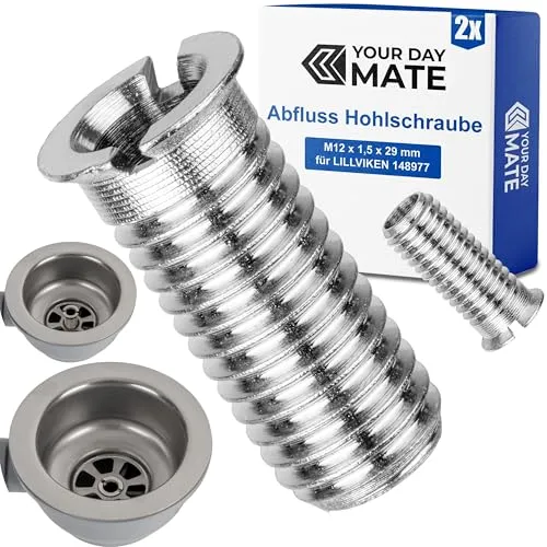 Hohlschraube für Siebkorbventil, M12 x 1,5 x 29 mm, 2 Stück, kompatibel mit IKEA LILLVIKEN Ablaufgarnitur, Ersatz für Artikel 148977, aus Messing, Feingewinde, für Spülbecken Ventilablauf Teile