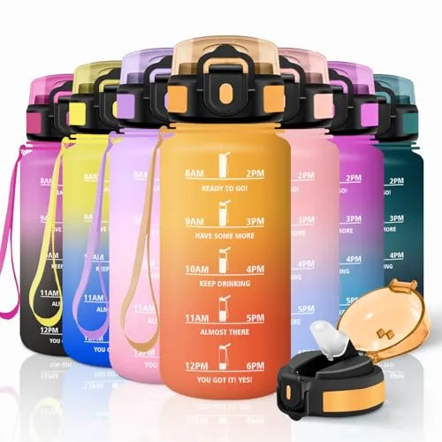 Motswedi Trinkflasche Kinder, 500ml Auslaufsicher, Trinkflasche Kohlensäure Geeignet, mit Zeitmarkierung, Wasserflasche, Sportflasche, für Schule, Sport, Yoga, Fitness, Büro, Gelb & Orange