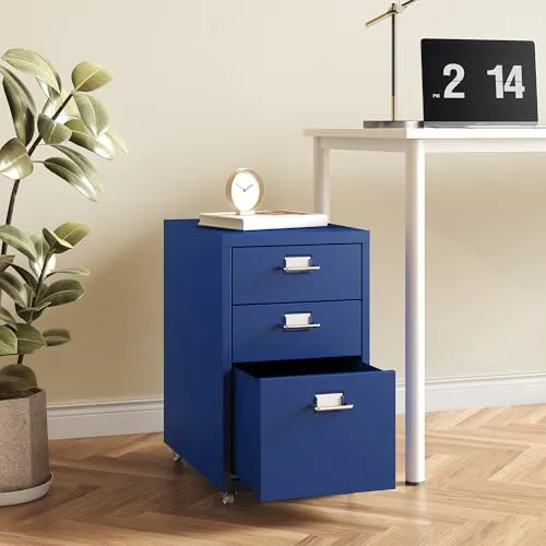 [en.casa] Rollcontainer Kökar Schubladenschrank Metall Aktenschrank mit 3 Schubladen Bürowagen mit Rollen für Arbeitszimmer 48 x 28 x 41 cm Blau