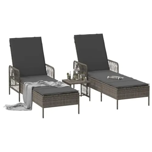 vidaXL Sonnenliege Set – 3-teiliges Grau und Dunkelgrau PE Rattan - Gartenmöbel Set mit verstellbaren Rückenlehnen, UV-beständigem Material und klappbarer Struktur – ideal zum Entspannen im Freien.